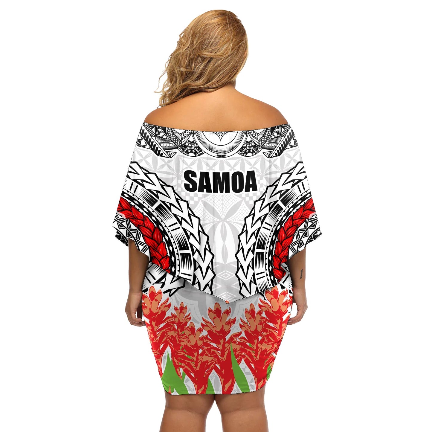 Samoa Siapo Ula Fala Schulterfreies kurzes Kleid blumen mit Ingwerpflanze, Farbe Weiß, LT03
