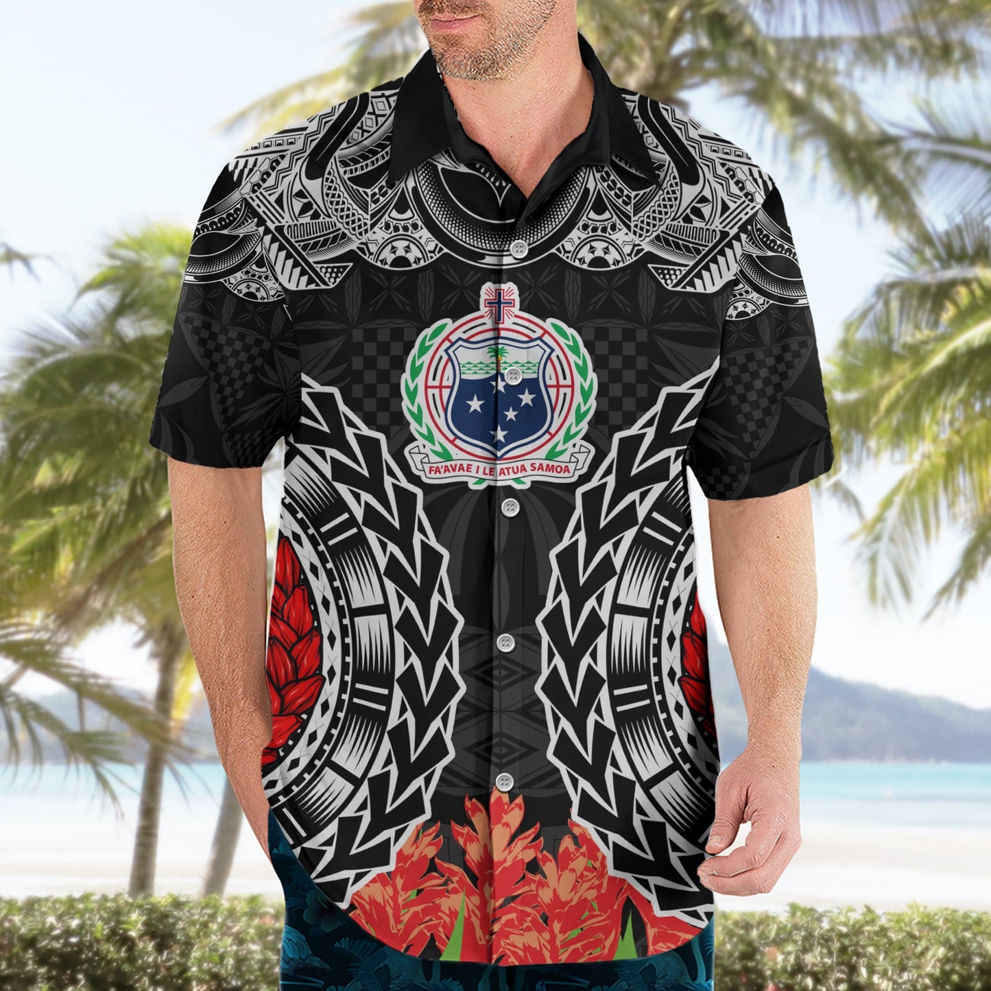 Samoa Siapo Ula Fala Hawaiihemd mit Ingwerpflanze, Farbe Schwarz, LT03