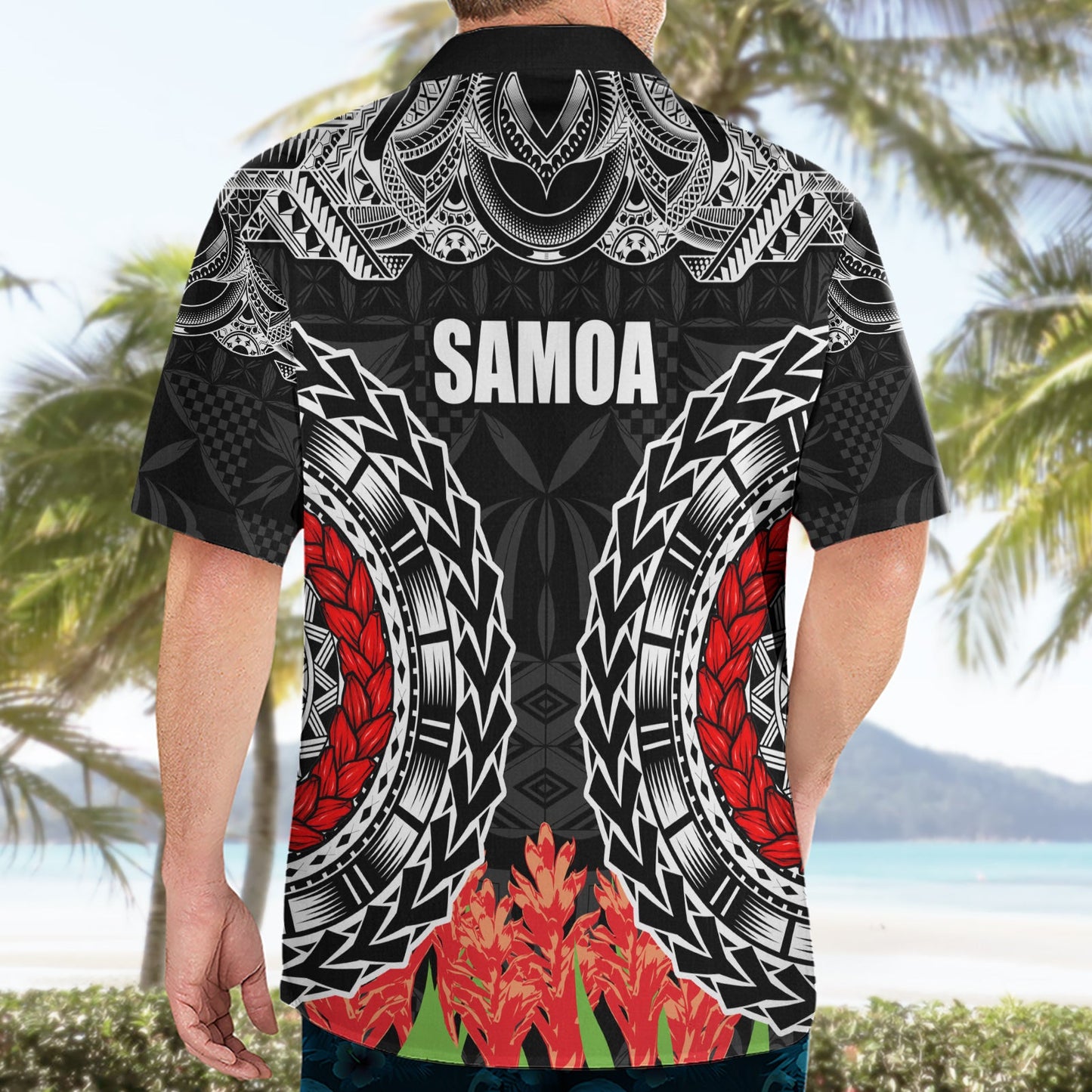 Samoa Siapo Ula Fala Hawaiihemd mit Ingwerpflanze, Farbe Schwarz, LT03