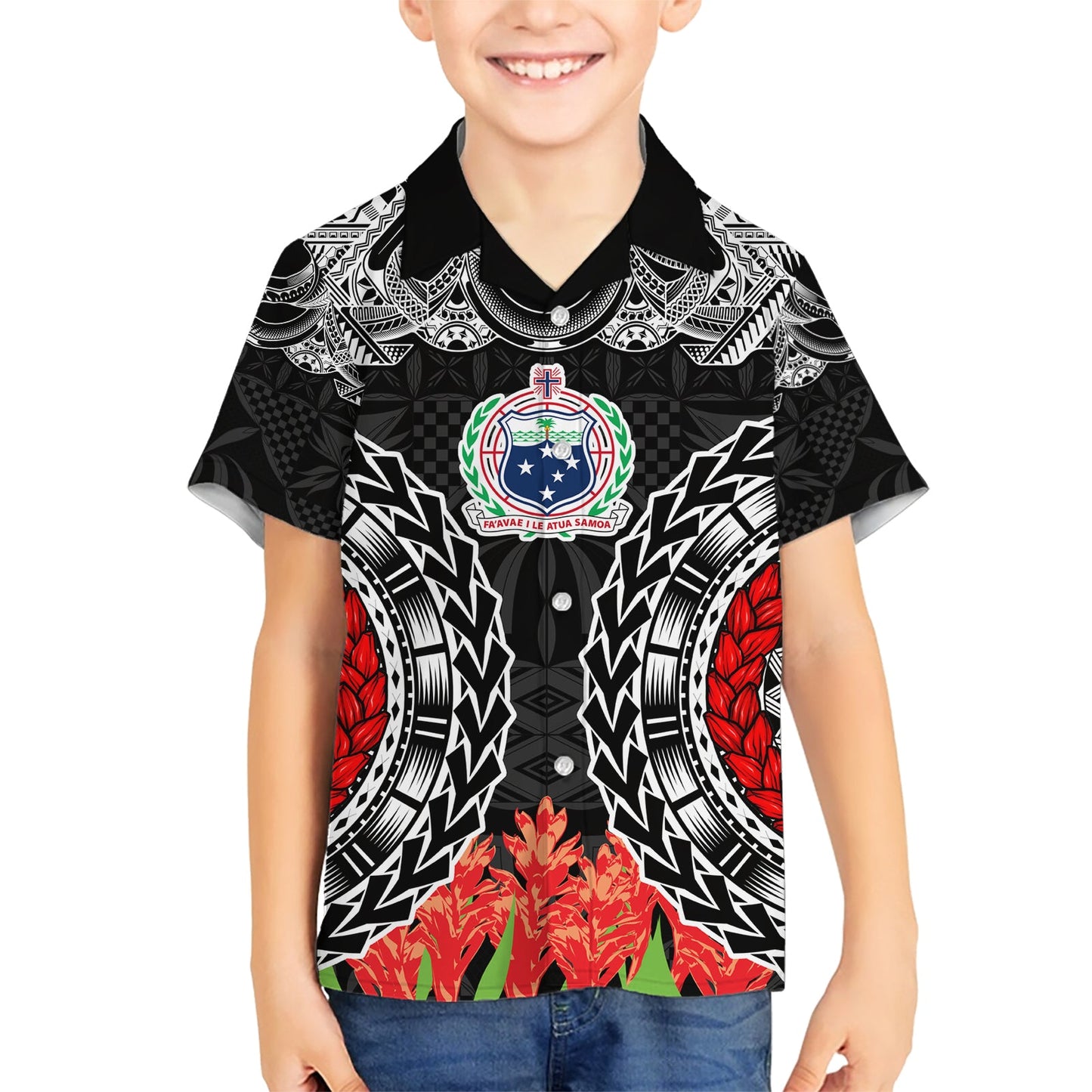 Samoa Siapo Ula Fala Hawaiihemd mit Ingwerpflanze, Farbe Schwarz, LT03