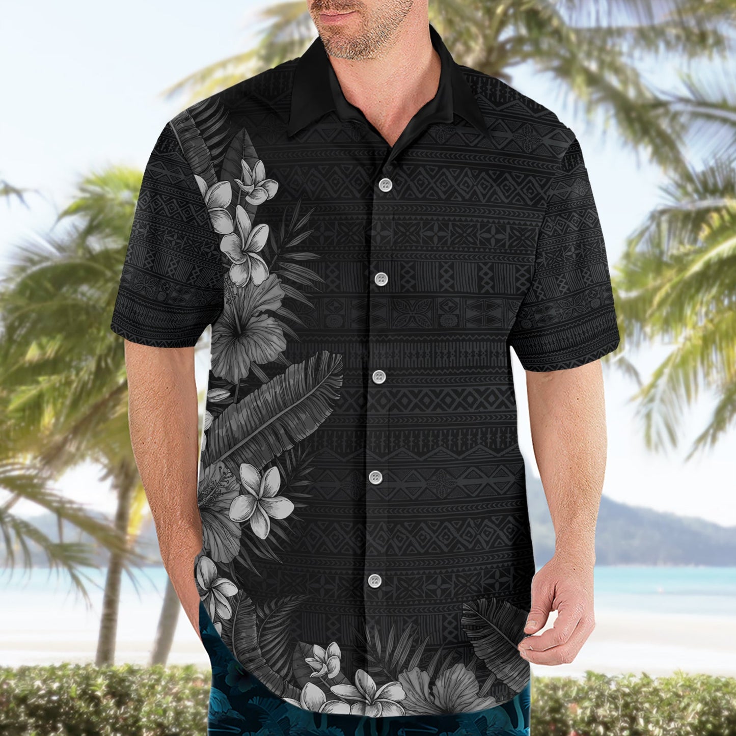 Hawaii Tropische Blumen und Blätter Hawaiihemd Tapa Muster Graustufenmodus LT03