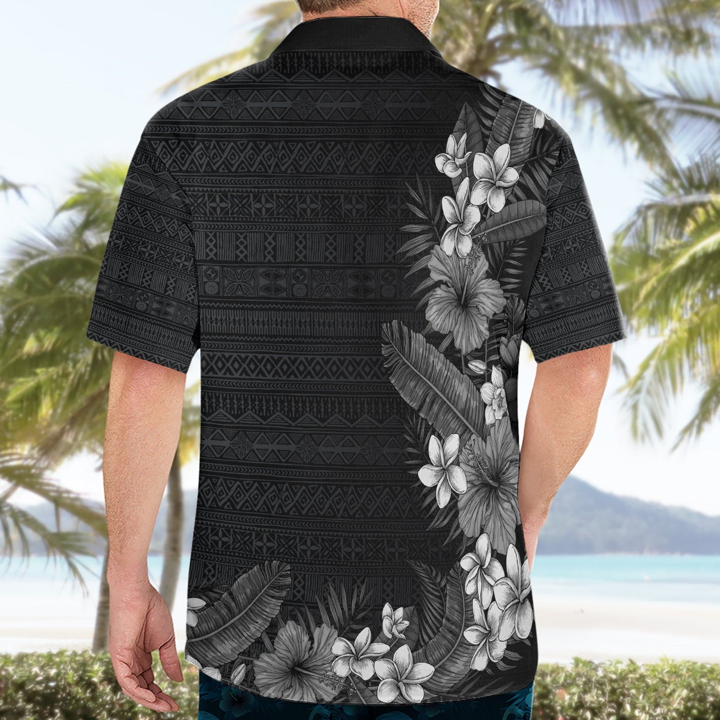 Hawaii Tropische Blumen und Blätter Hawaiihemd Tapa Muster Graustufenmodus LT03