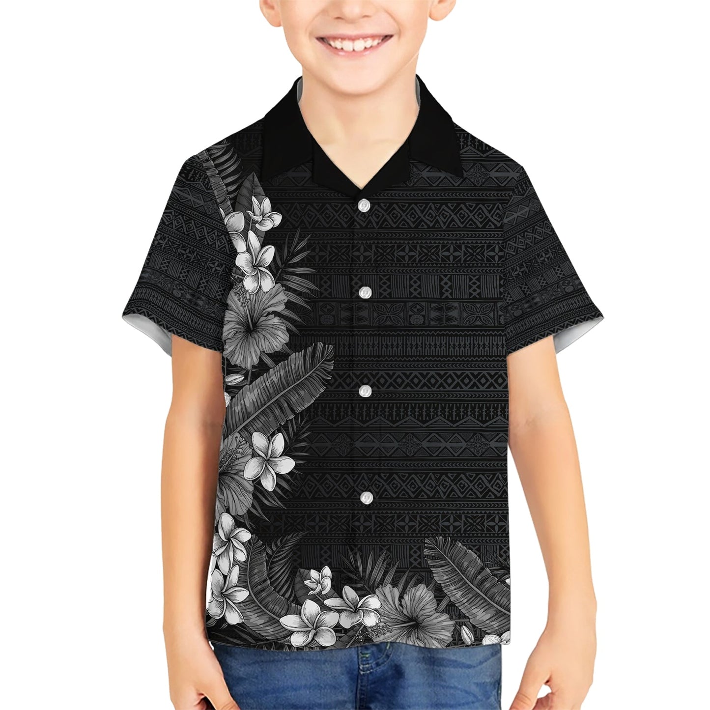 Hawaii Tropische Blumen und Blätter Hawaiihemd Tapa Muster Graustufenmodus LT03