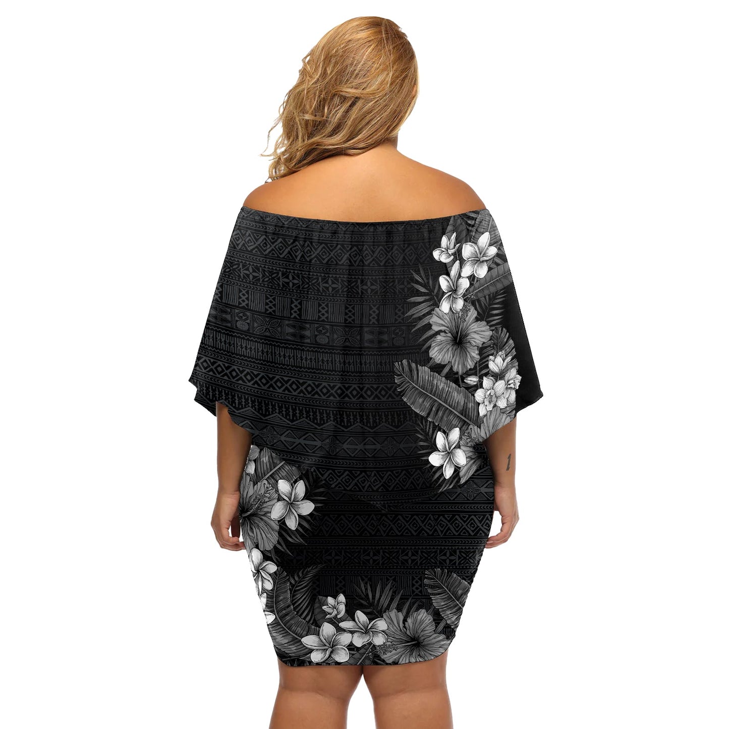 Hawaii Tropische Blumen und Blätter Off Shoulder Kurzes Kleid mit blumen Tapa Muster Graustufen Modus LT03