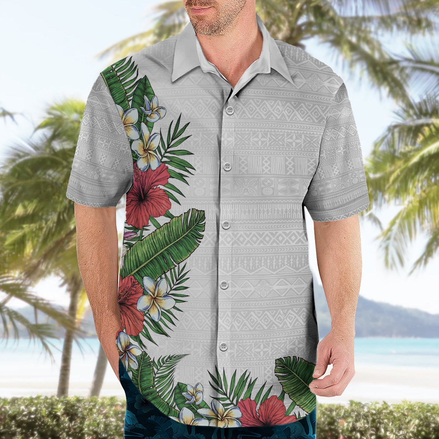 Hawaii Tropische Blumen und Blätter Hawaiihemd Tapa Muster Weiß Mode LT03