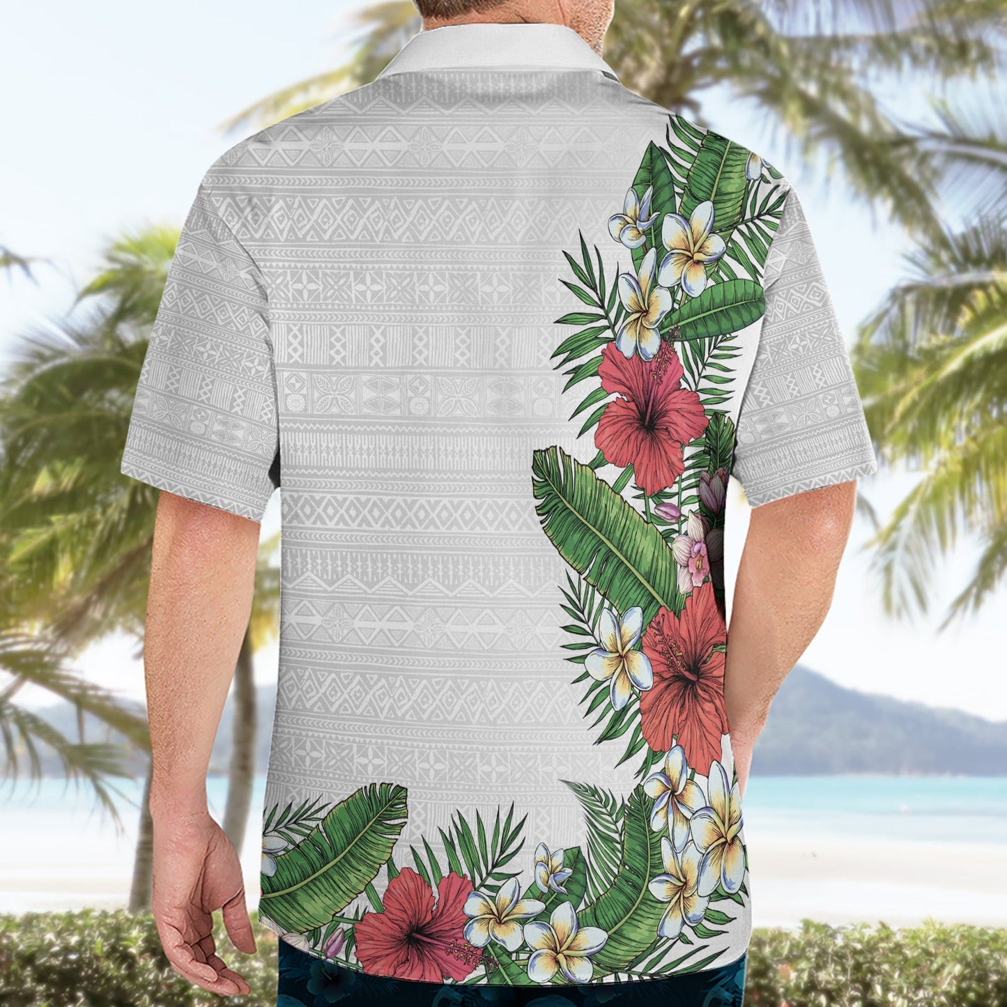 Hawaii Tropische Blumen und Blätter Hawaiihemd Tapa Muster Weiß Mode LT03