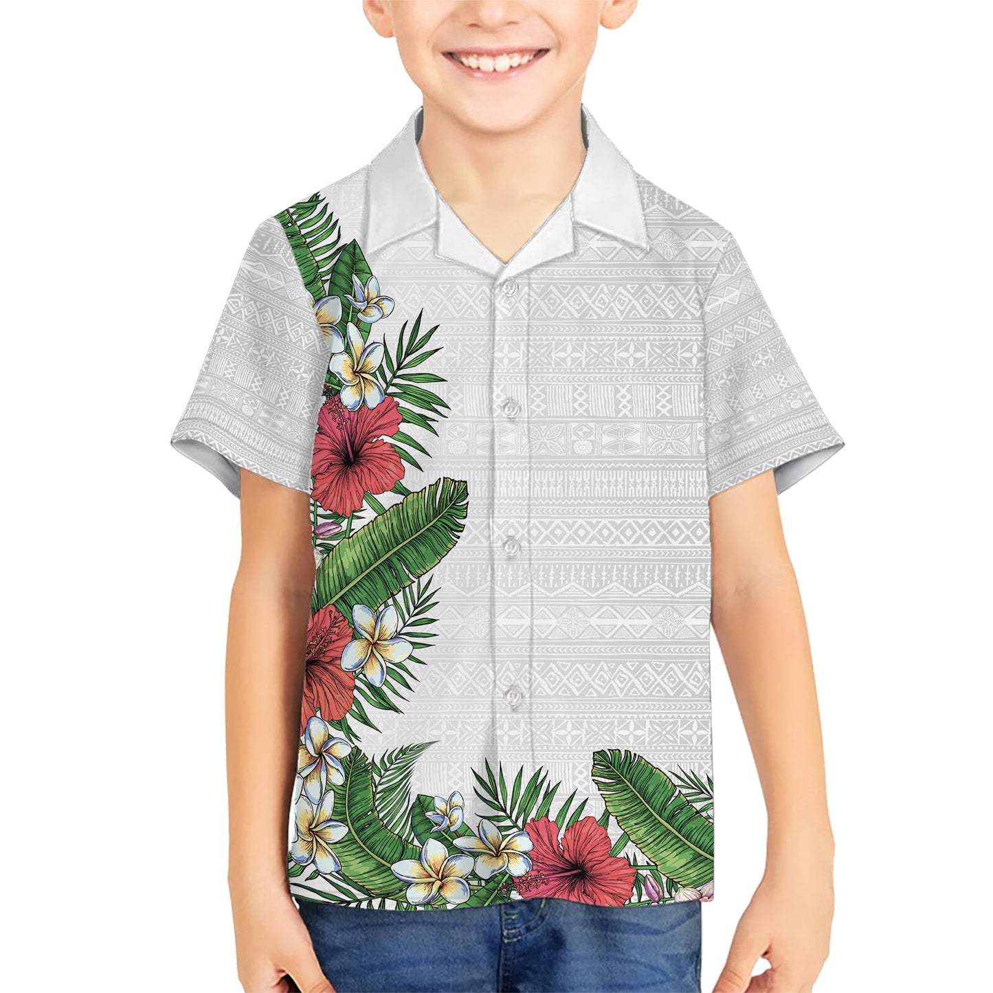 Hawaii Tropische Blumen und Blätter Hawaiihemd Tapa Muster Weiß Mode LT03
