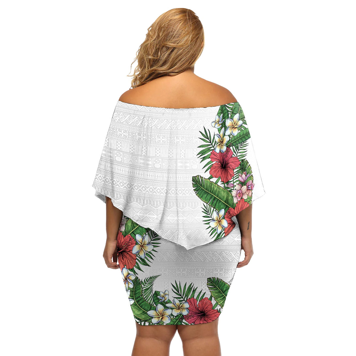 Hawaii Tropische Blumen und Blätter Schulterfreies Kurzes Kleid mit blumen Tapa Muster Weiß Mode LT03