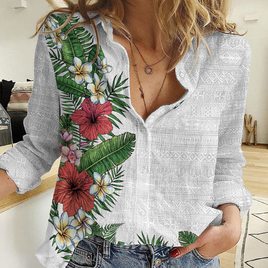 Hawaii Tropical Flowers and Leaves Women Casual Shirt Tapa Pattern White Mode