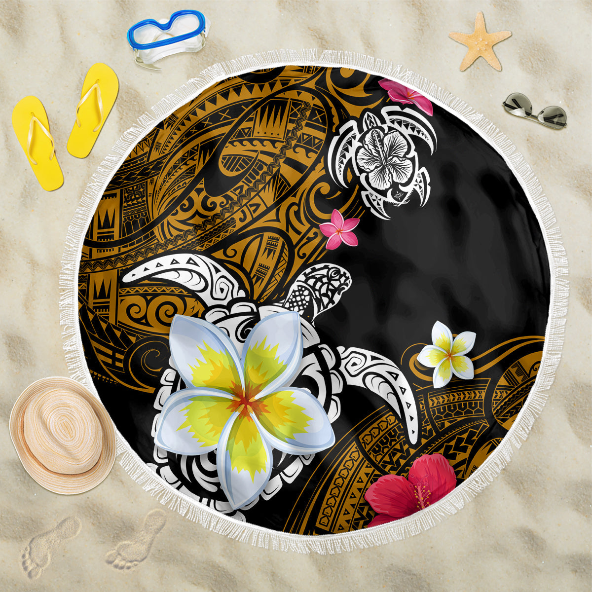 Hawaii Turtle and Tropical Flower Beach Blanket Polynesian Pattern