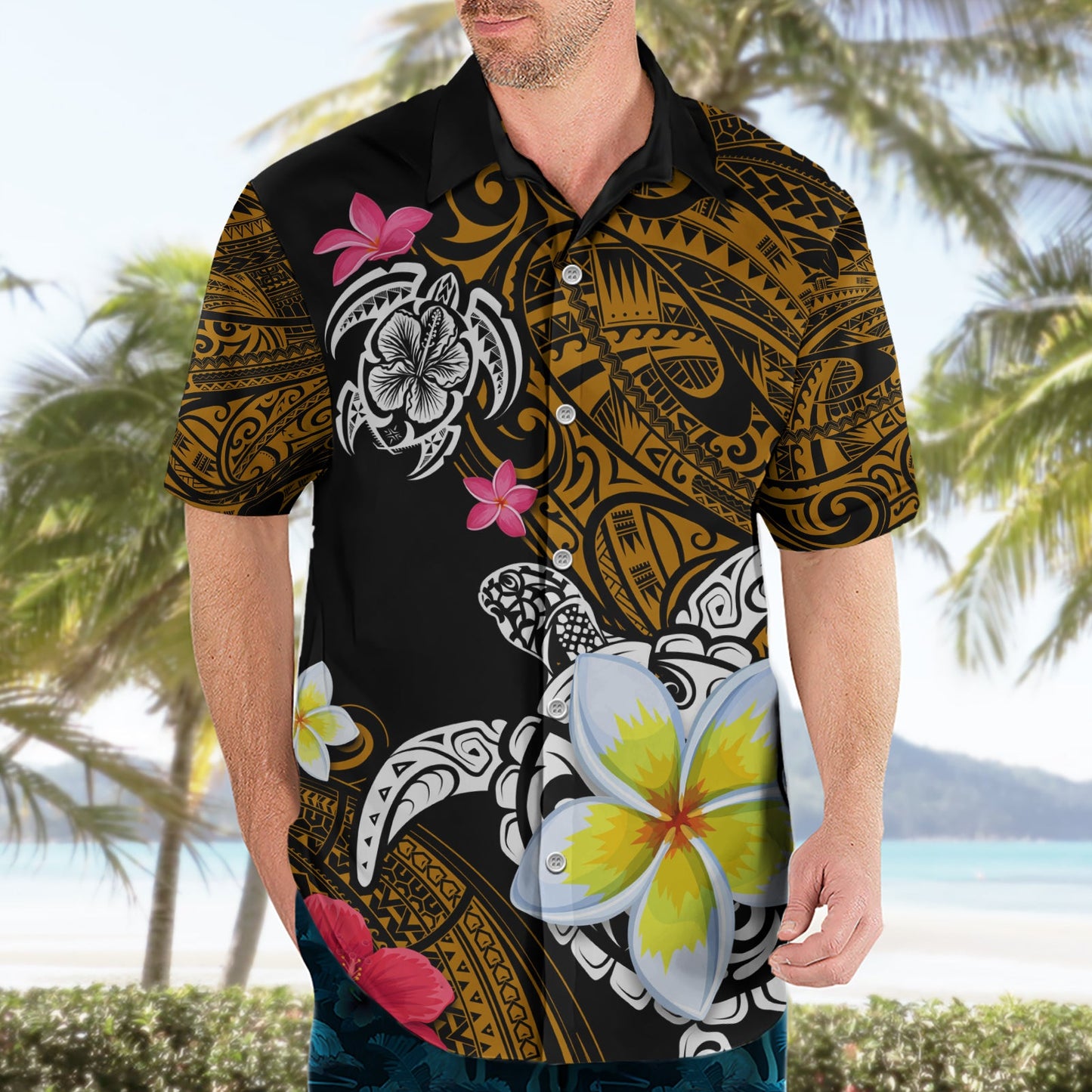 Hawaii-Schildkröte und tropische Blume Hawaii-Hemd Polynesisches Muster LT03