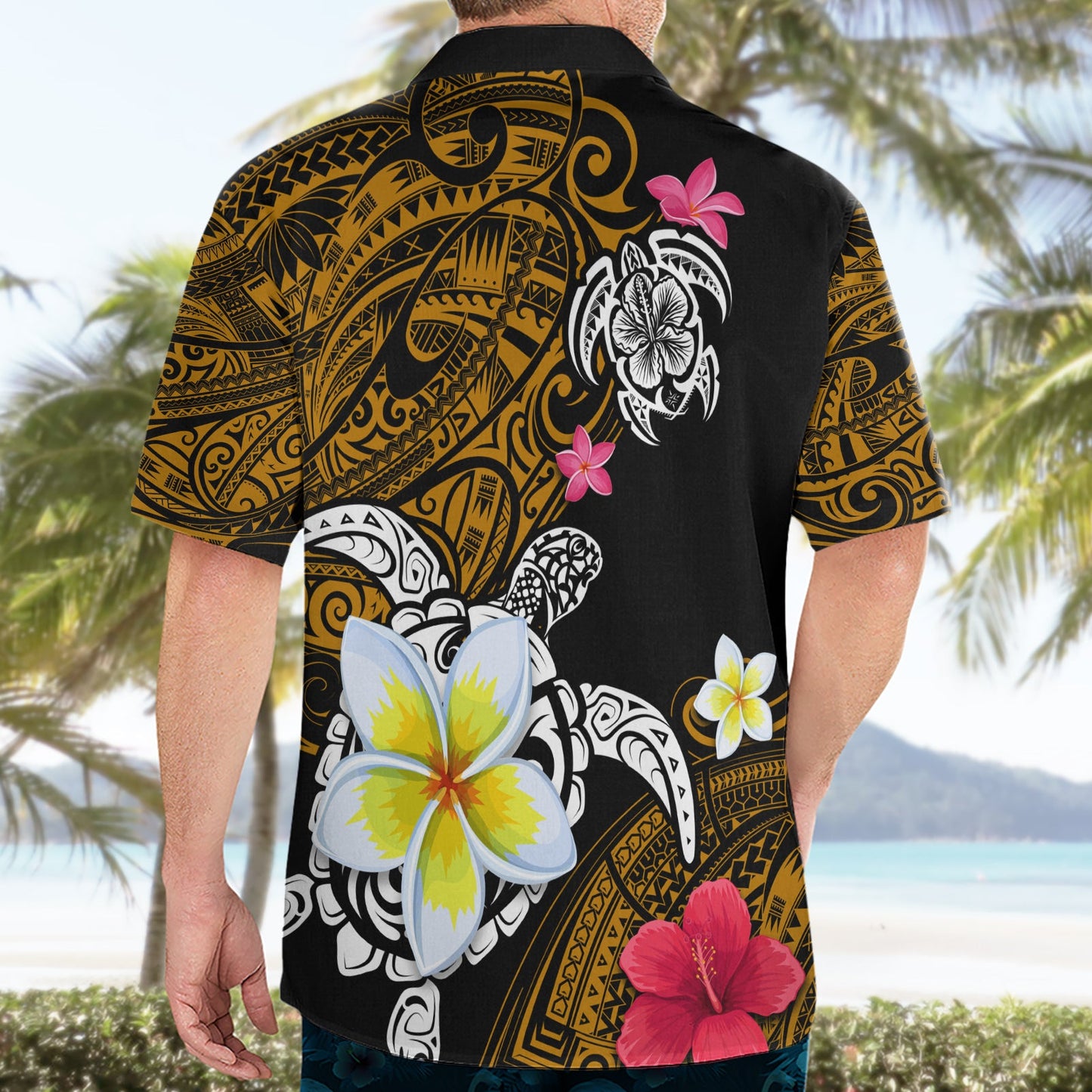 Hawaii-Schildkröte und tropische Blume Hawaii-Hemd Polynesisches Muster LT03