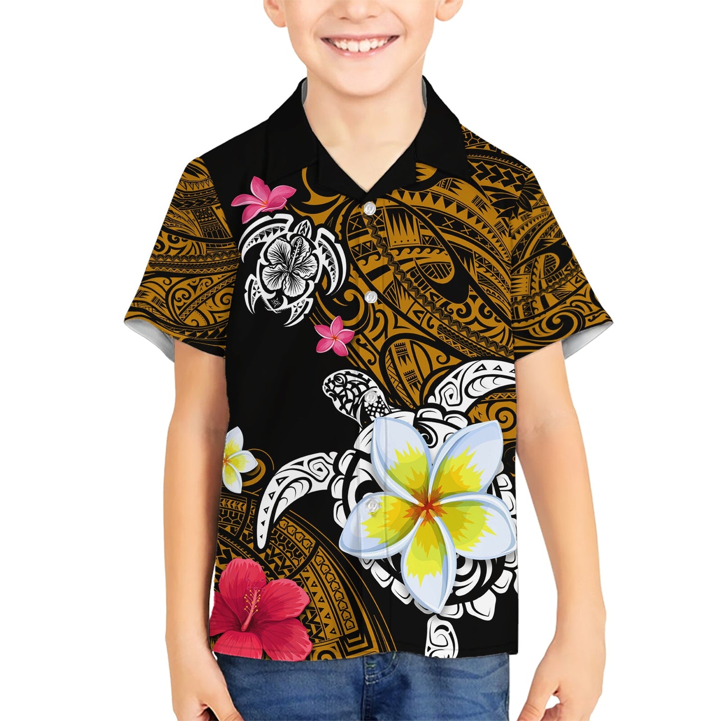 Hawaii-Schildkröte und tropische Blume Hawaii-Hemd Polynesisches Muster LT03