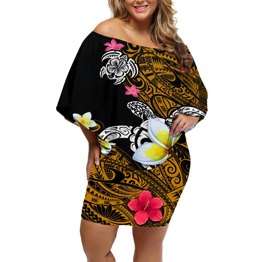 Hawaii Turtle and Tropical Flower Off Shoulder Short Dress Polynesian Pattern