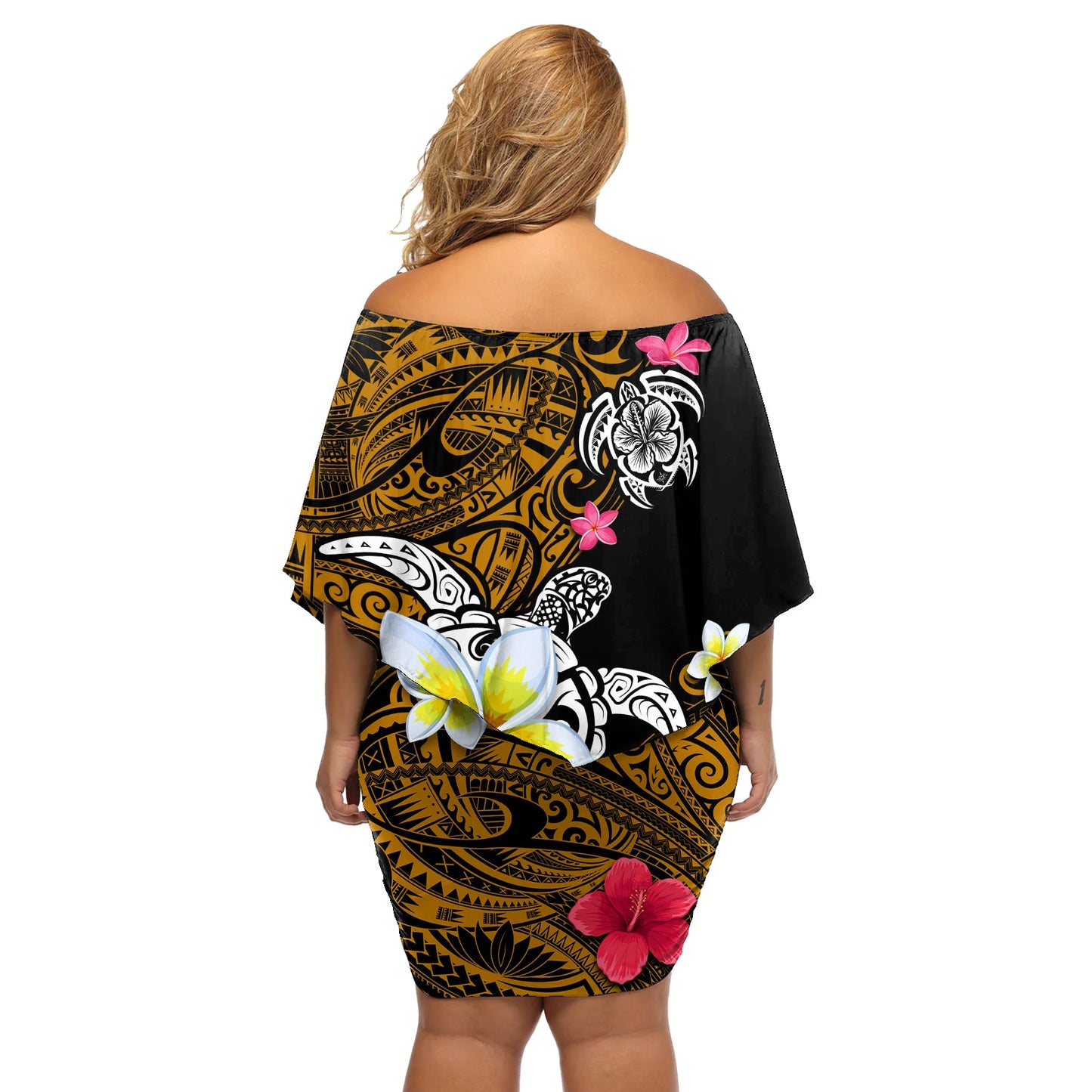 Hawaiianische Schildkröte und tropische Blume, schulterfreies kurzes Kleid mit blumen, polynesisches Muster LT03