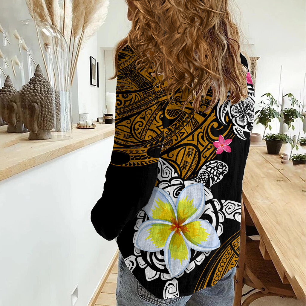 Hawaii-Schildkröte und tropische Blume Damen Freizeithemd Polynesianisches Muster LT03