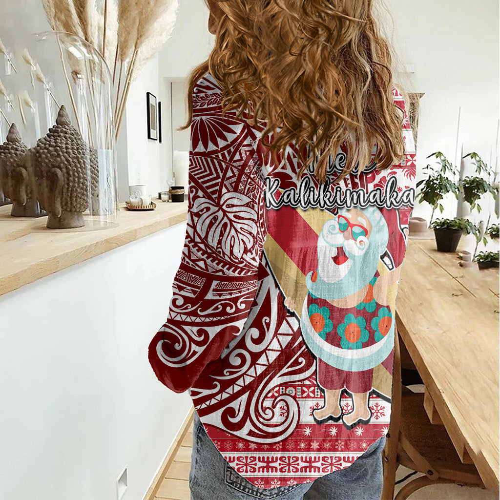 Hawaii Mele Kalikimaka Damen Freizeithemd Santa Claus Surfing mit Hawaiimuster gestreift rot Style LT03