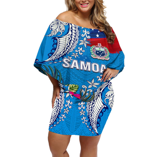 Personalised Samoa Coat Of Arms Off Shoulder Short Dress Tropical Flower Blue Polynesian Pattern LT03 Women Blue - Polynesian Pride