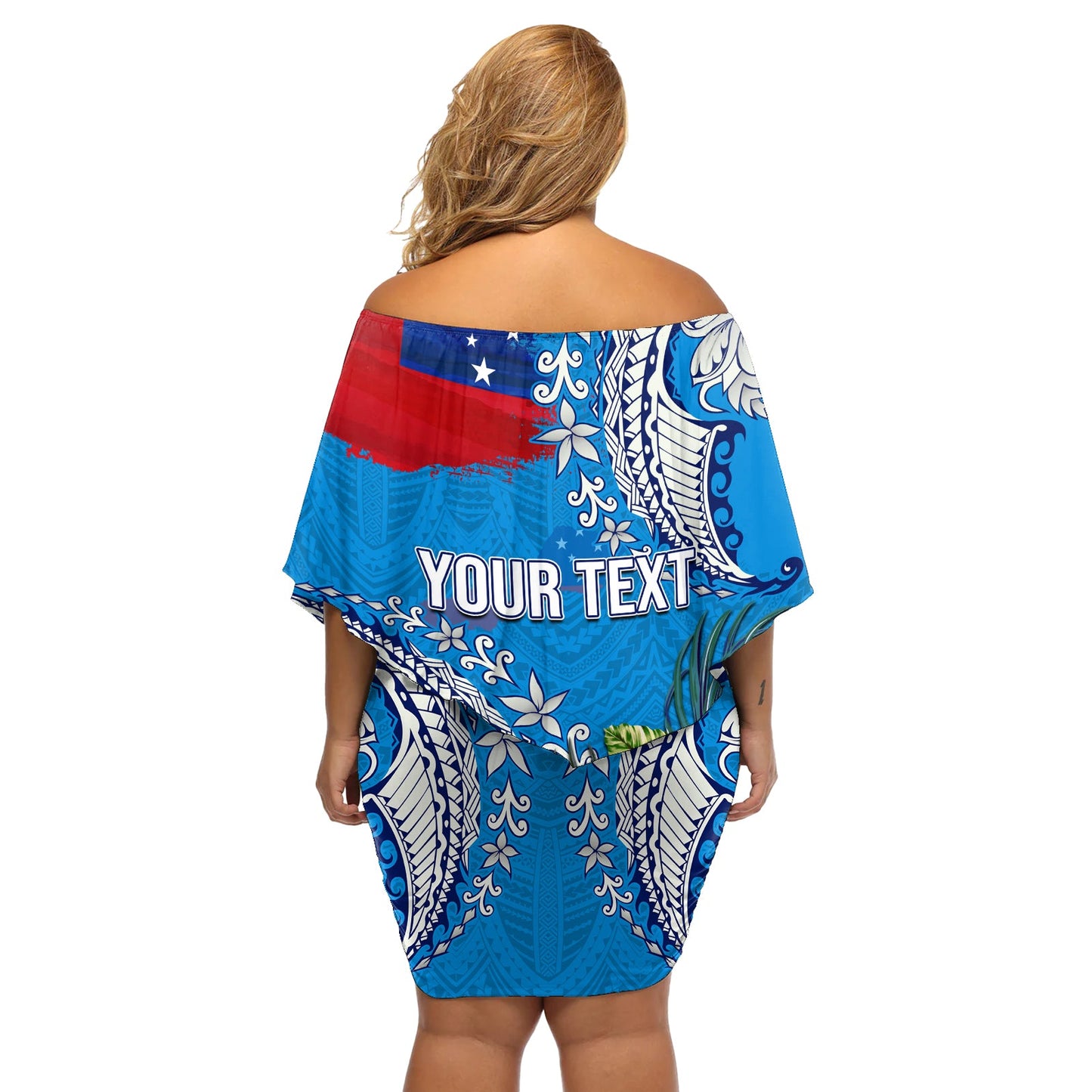 Personalisiertes Samoa Wappen schulterfreies kurzes Kleid blumen tropische Blume blau polynesisches Muster LT03