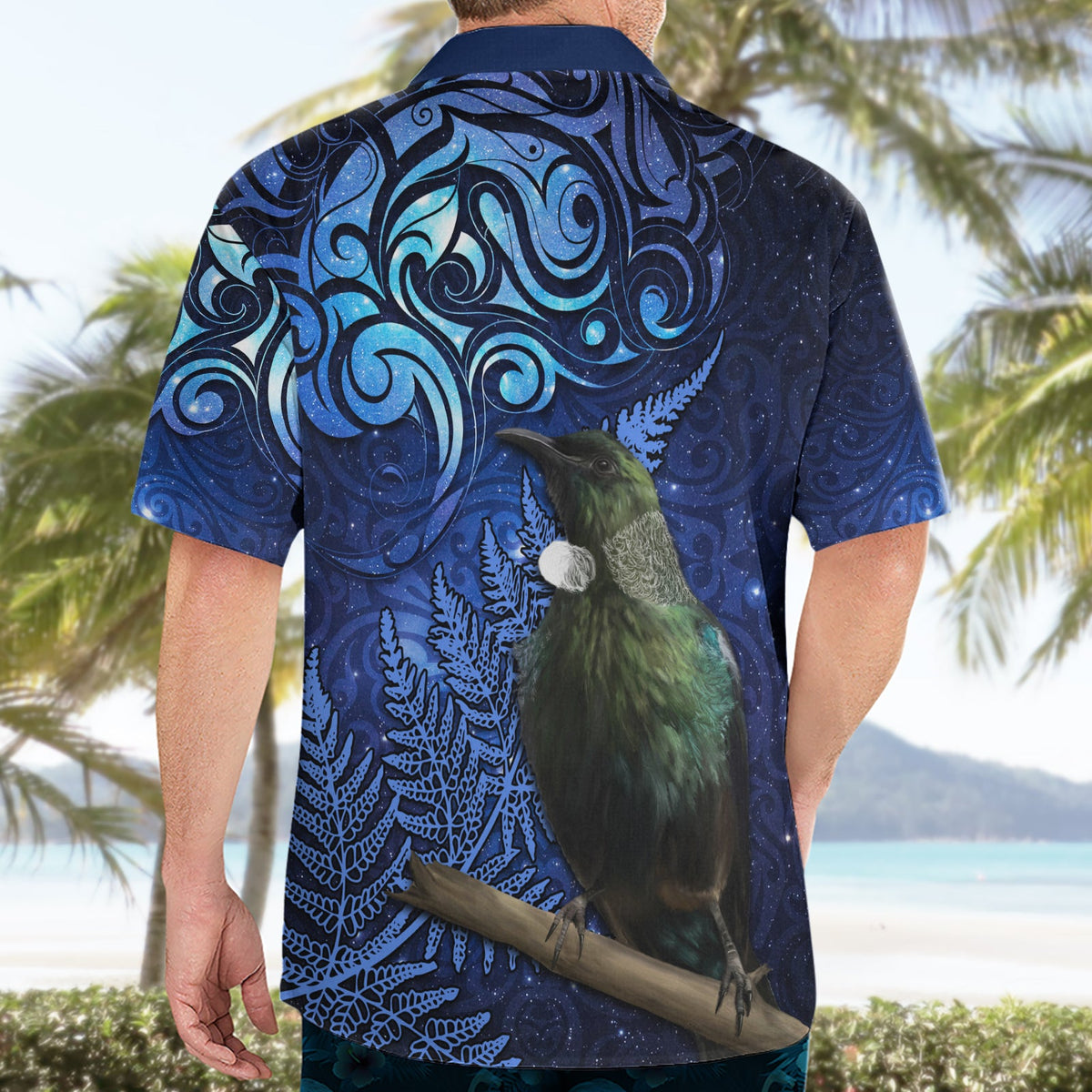 Neuseeland Tui Vogel Matariki Hawaiihemd Maori Neujahr mit Galaxy Farn LT03