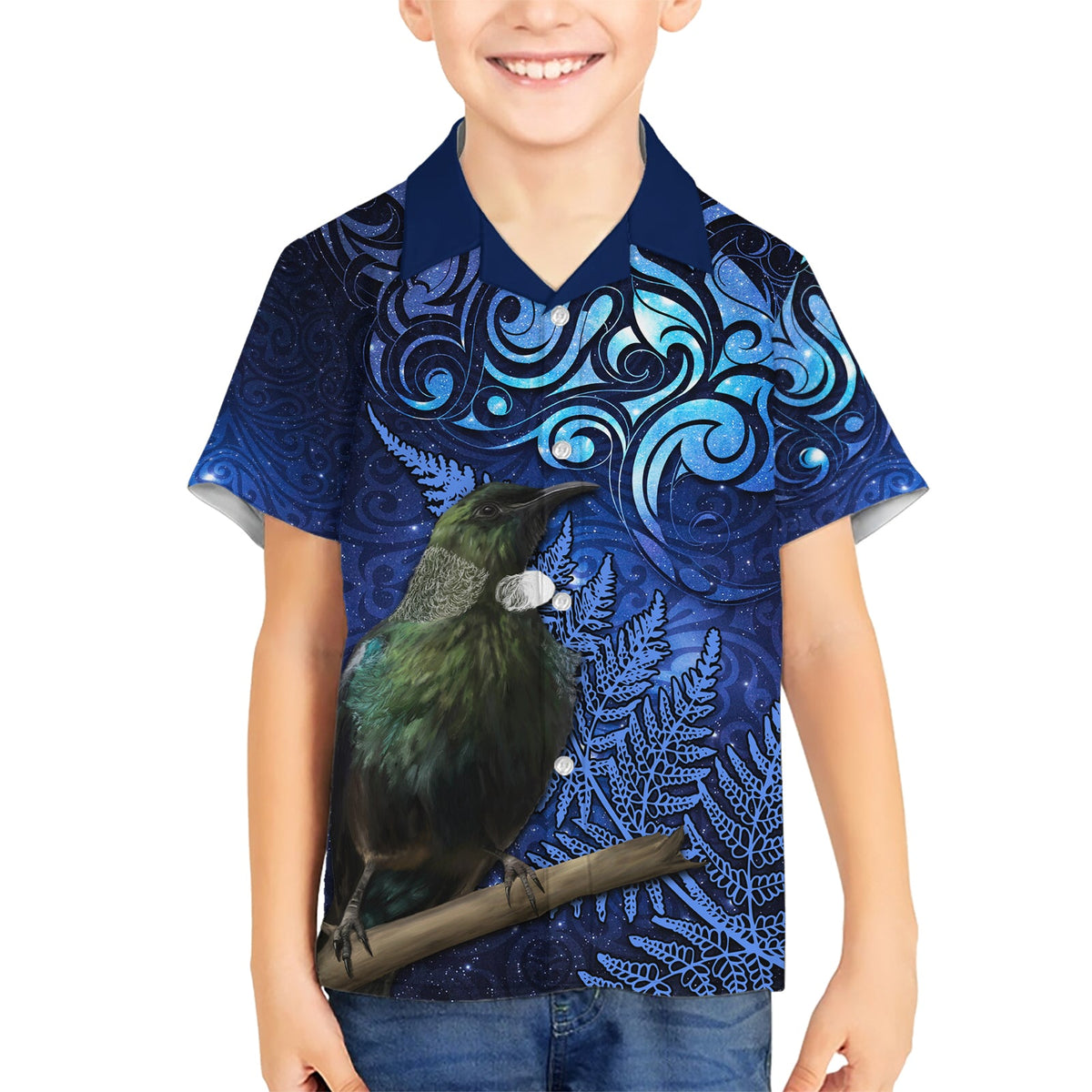 Neuseeland Tui Vogel Matariki Hawaiihemd Maori Neujahr mit Galaxy Farn LT03