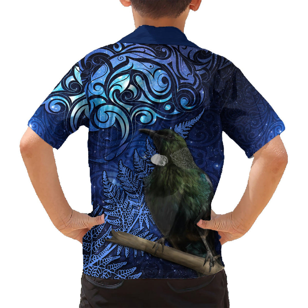 Neuseeland Tui Vogel Matariki Hawaiihemd Maori Neujahr mit Galaxy Farn LT03