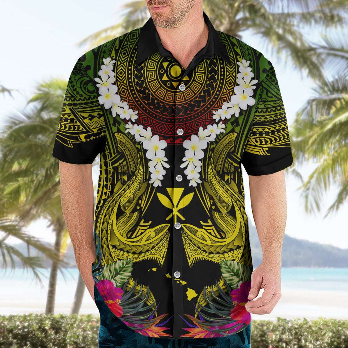 Hawaii Kanaka Maoli Hawaiihemd Doppelhai und Hibiskusblüten LT03