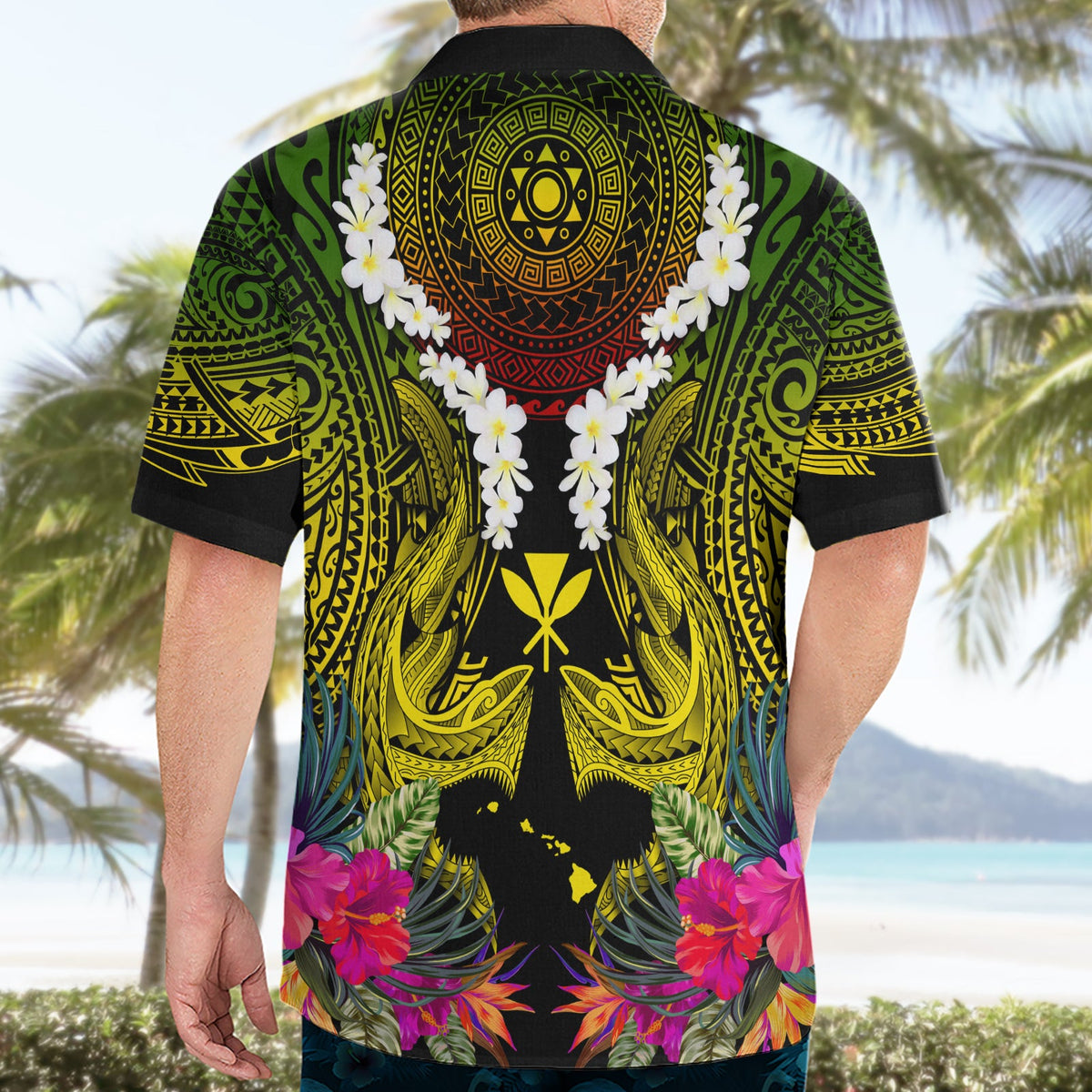 Hawaii Kanaka Maoli Hawaiihemd Doppelhai und Hibiskusblüten LT03