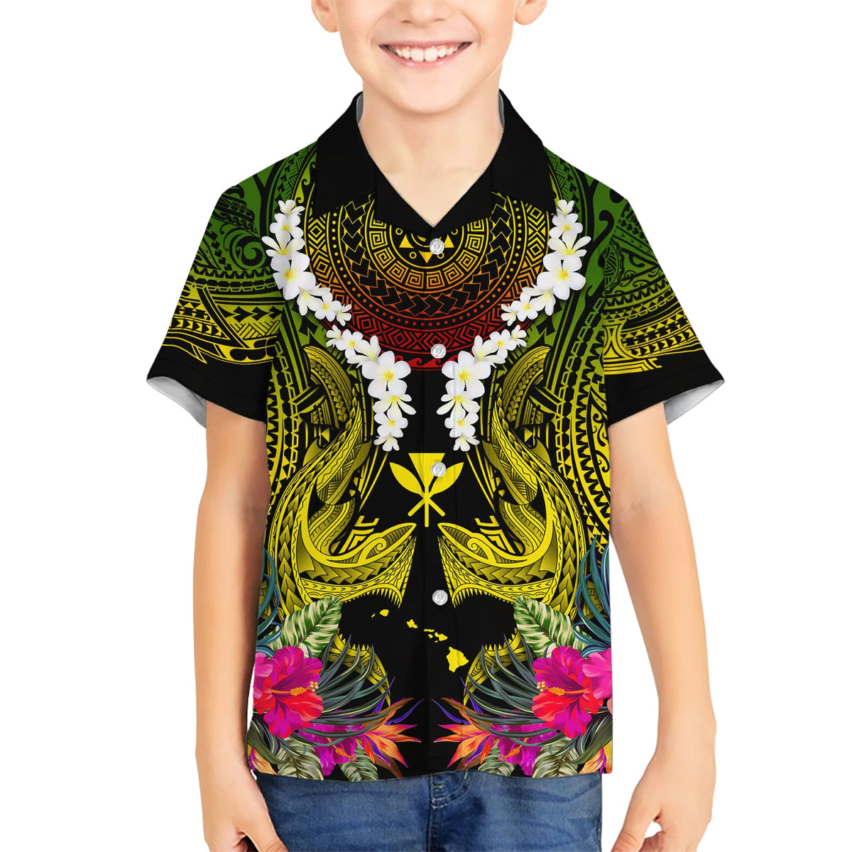Hawaii Kanaka Maoli Hawaiihemd Doppelhai und Hibiskusblüten LT03