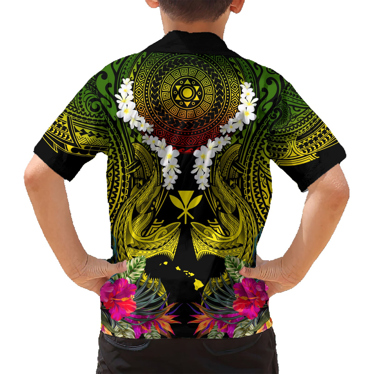 Hawaii Kanaka Maoli Hawaiihemd Doppelhai und Hibiskusblüten LT03