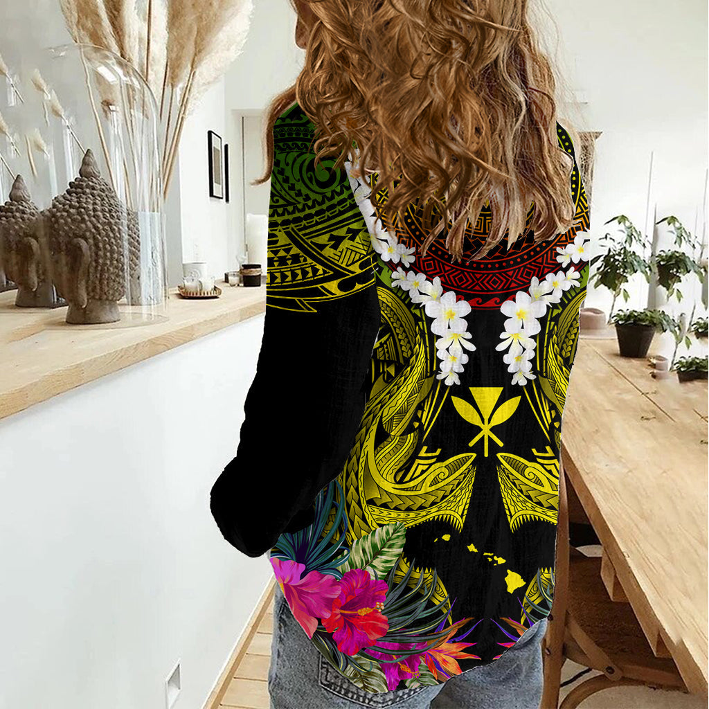 Hawaii Kanaka Maoli Damen Freizeithemd Double Shark und Hibiscus Blumen LT03