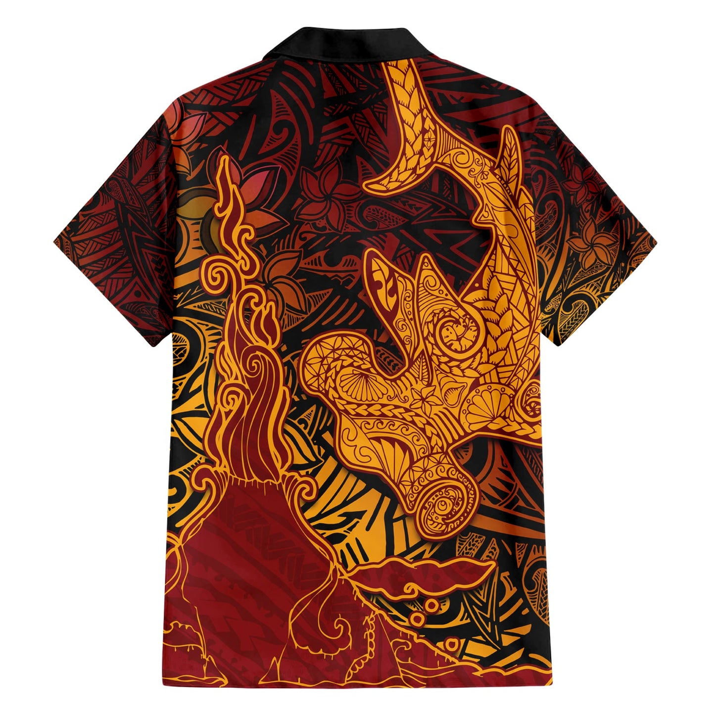 Hawaiianischer Vulkan und Hai Hawaiihemd Polynesisches und Hibiskusmuster Lavafarbe LT03