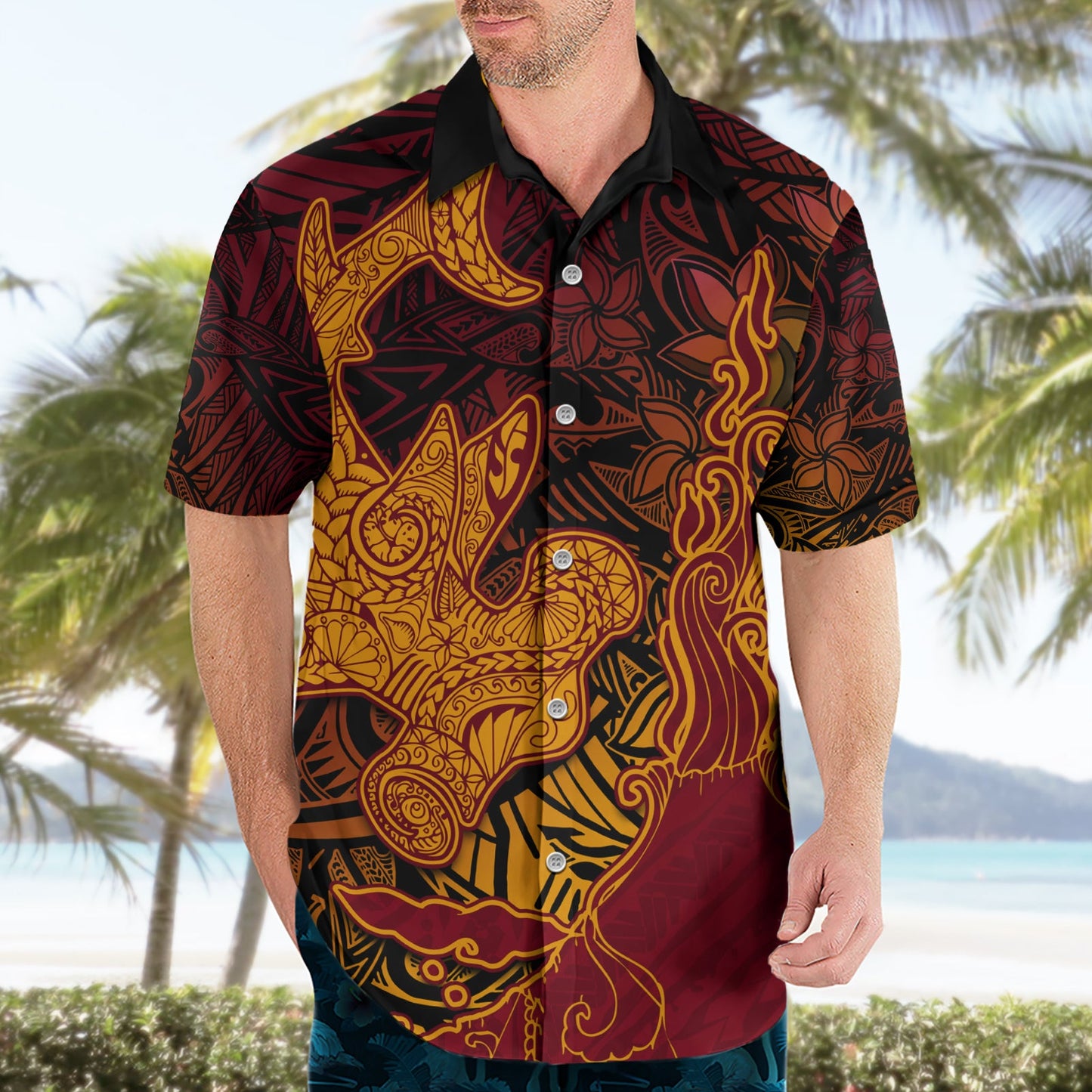 Hawaiianischer Vulkan und Hai Hawaiihemd Polynesisches und Hibiskusmuster Lavafarbe LT03