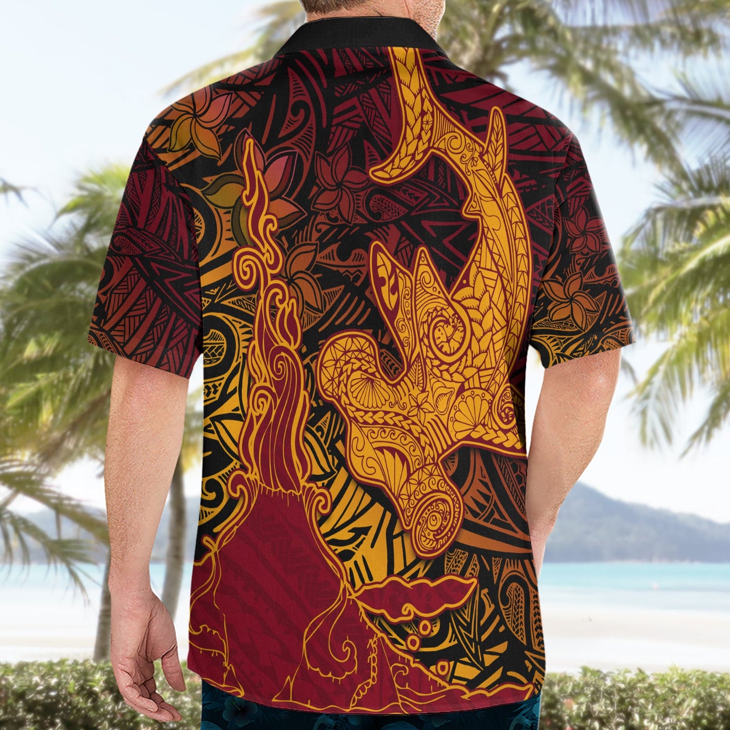 Hawaiianischer Vulkan und Hai Hawaiihemd Polynesisches und Hibiskusmuster Lavafarbe LT03