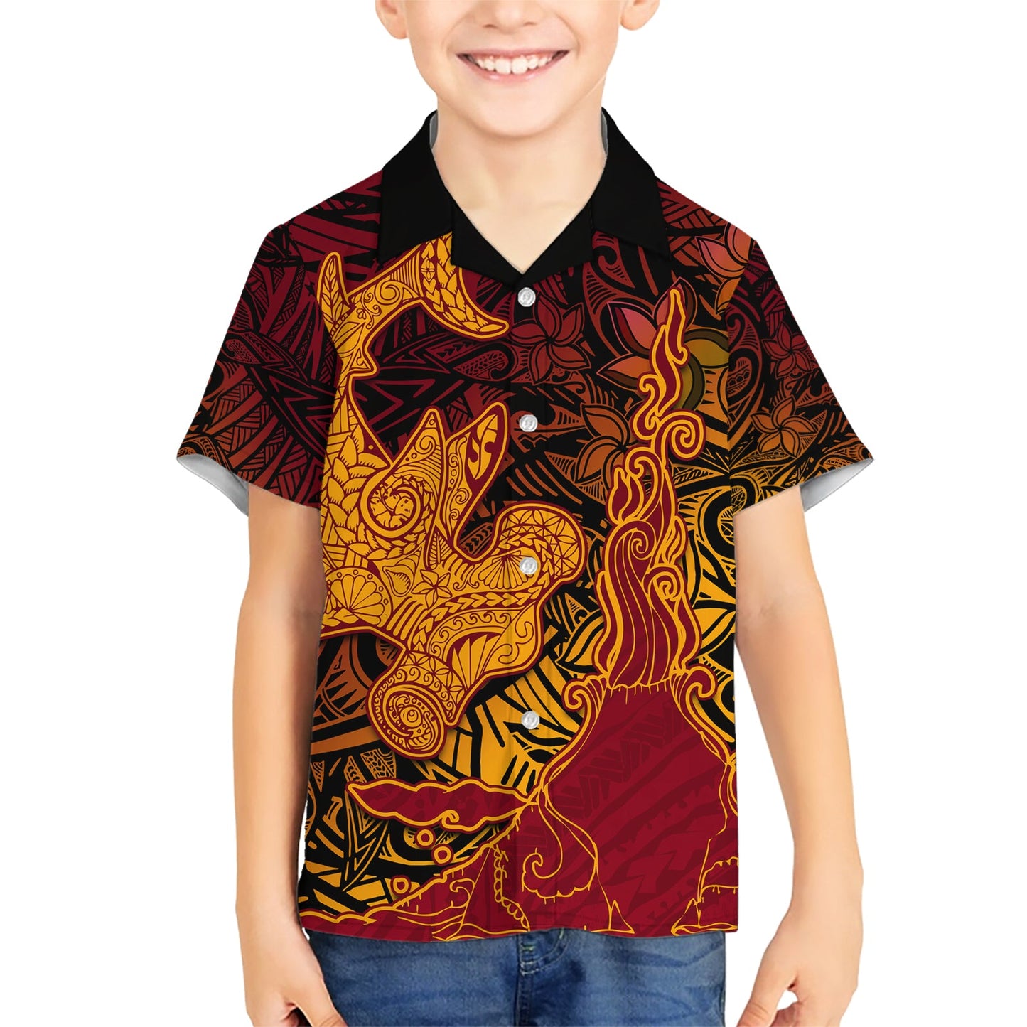 Hawaiianischer Vulkan und Hai Hawaiihemd Polynesisches und Hibiskusmuster Lavafarbe LT03