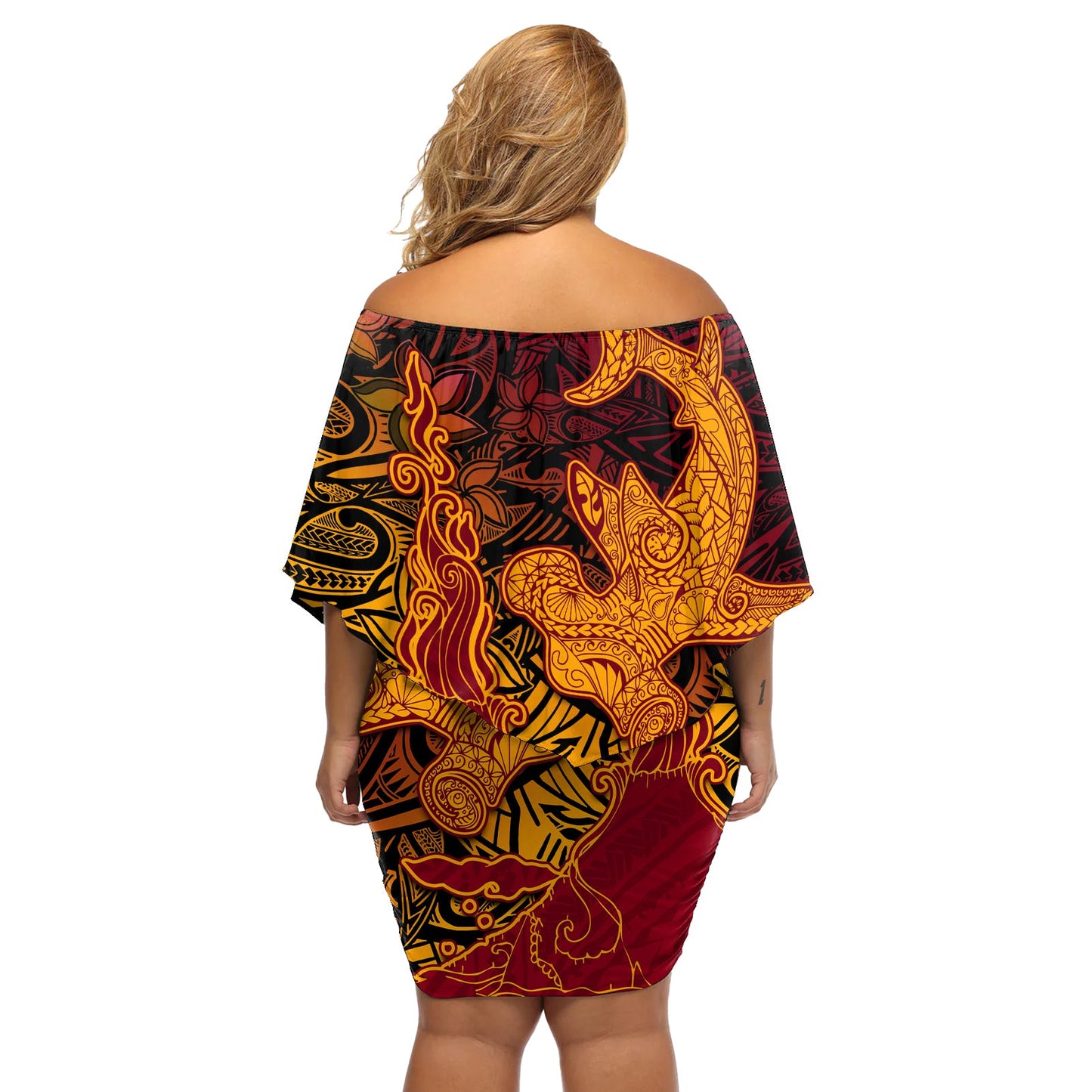 Hawaiianischer Vulkan und Hai, schulterfreies, kurzes Kleid mit blumen, polynesisches Hibiskus-Muster, Lavafarbe LT03