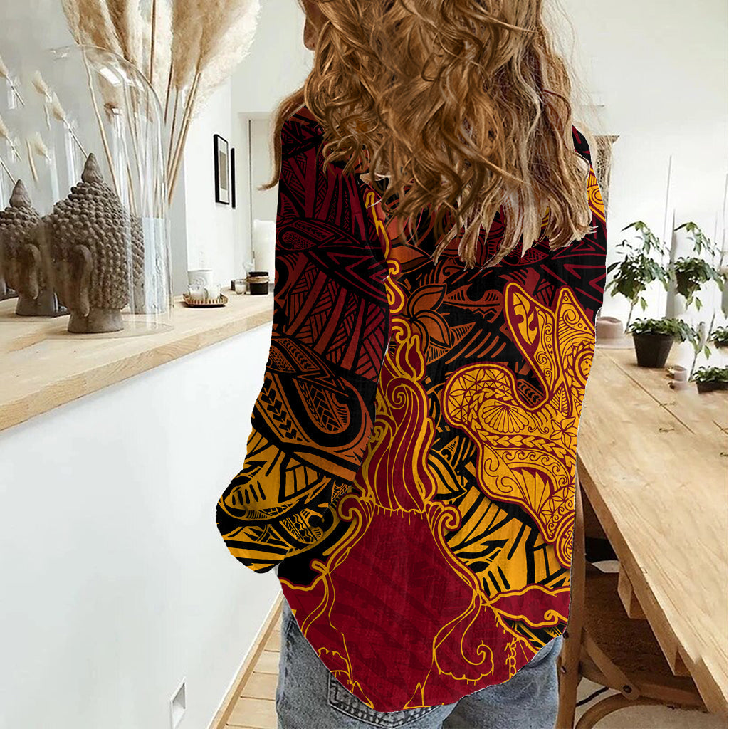 Hawaiianischer Vulkan und Hai Damen Freizeithemd Polynesisches und Hibiskus Muster Lava Farbe LT03