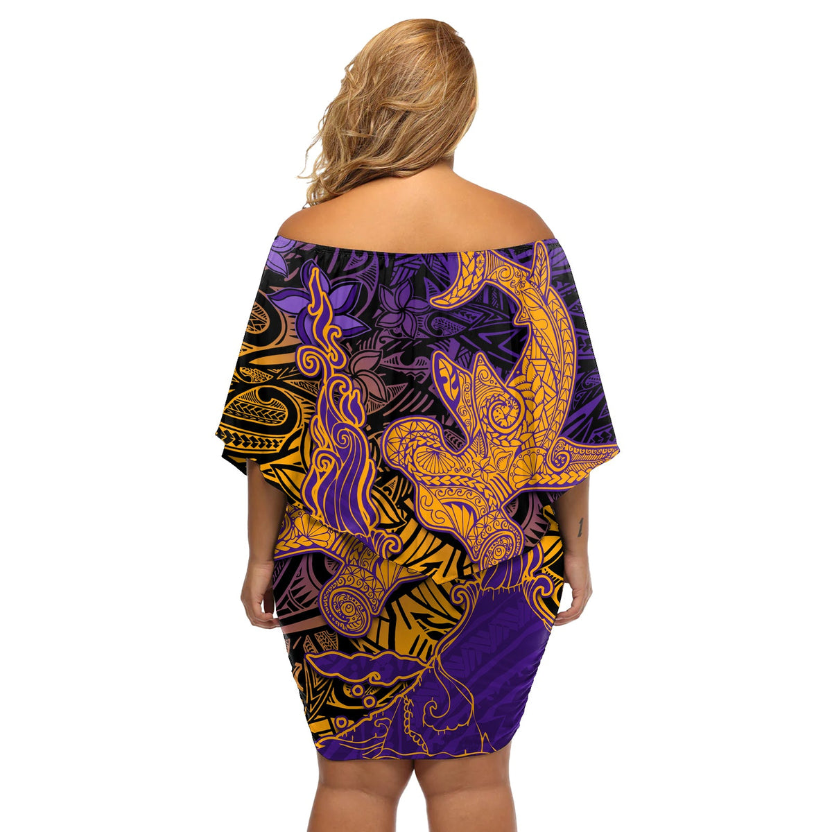 Hawaiianischer Vulkan und Hai, schulterfreies, kurzes Kleid mit blumen, polynesisches Hibiskus-Muster, violett-gelber Farbverlauf, LT03