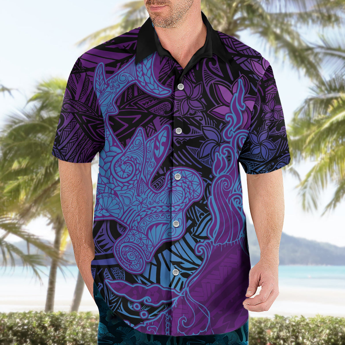 Hawaiianischer Vulkan und Hai Hawaiihemd Polynesisches und Hibiskus Muster Violett Farbverlauf LT03