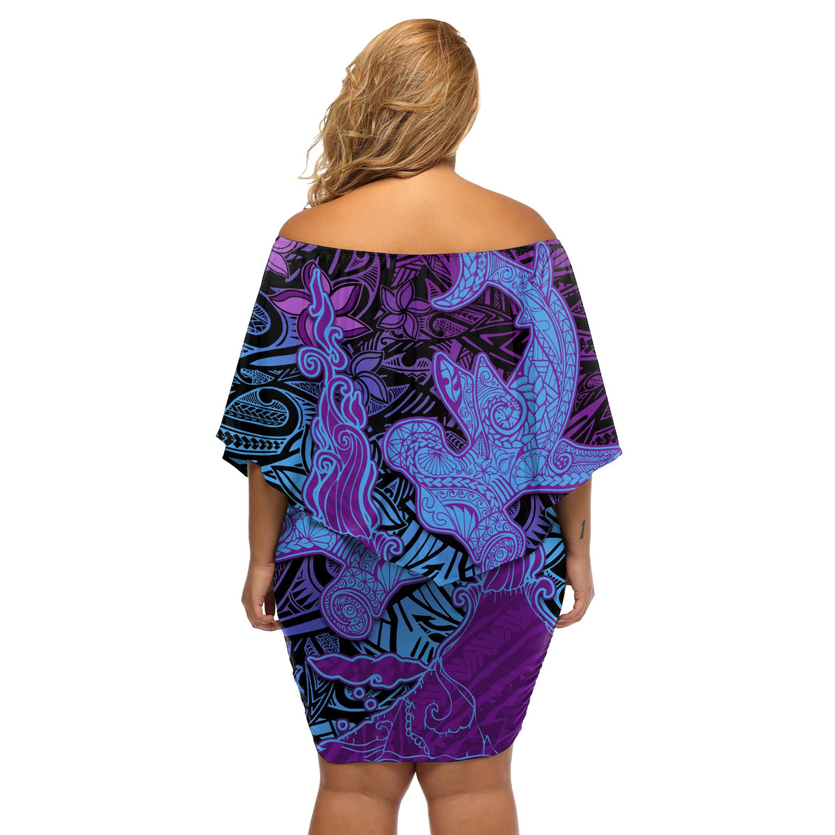 Hawaiianischer Vulkan und Hai, schulterfreies, kurzes Kleid mit blumen, polynesisches Hibiskus-Muster, violetter Farbverlauf, LT03