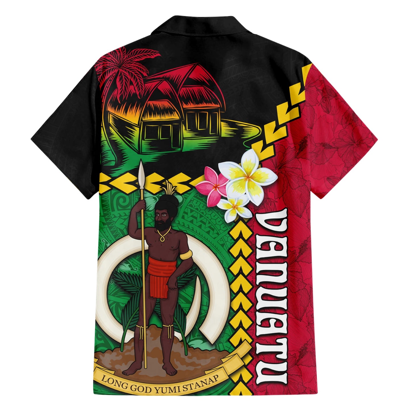 Vanuatu Nakamal und Plumeria Blumen Hawaiihemd Polynesisches Muster LT03