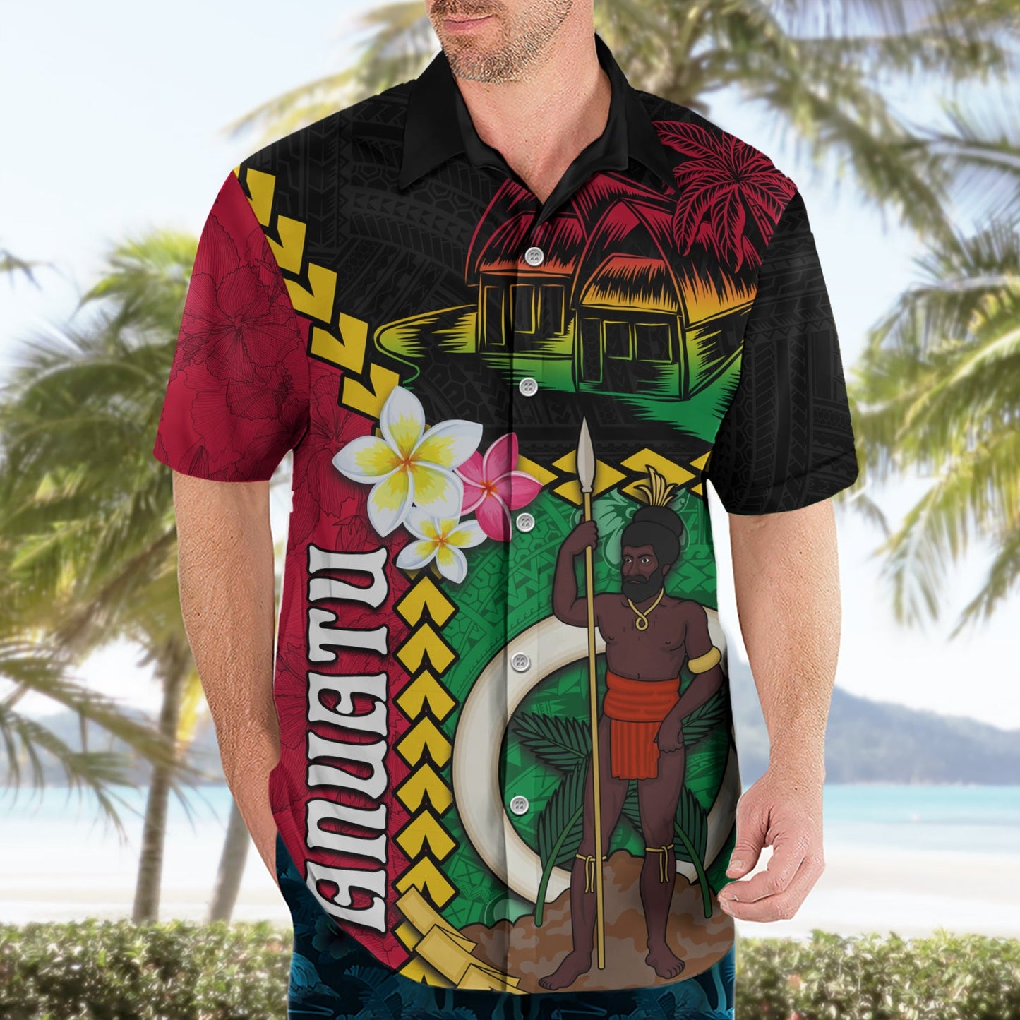 Vanuatu Nakamal und Plumeria Blumen Hawaiihemd Polynesisches Muster LT03