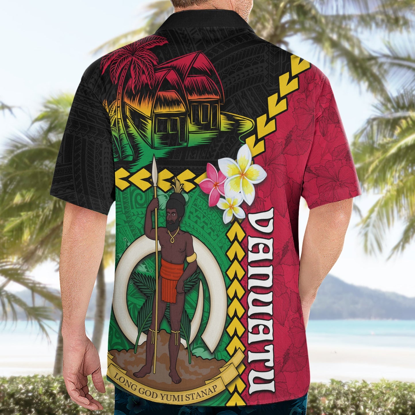 Vanuatu Nakamal und Plumeria Blumen Hawaiihemd Polynesisches Muster LT03