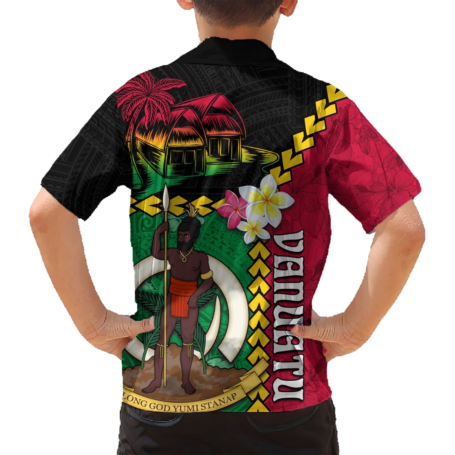 Vanuatu Nakamal und Plumeria Blumen Hawaiihemd Polynesisches Muster LT03