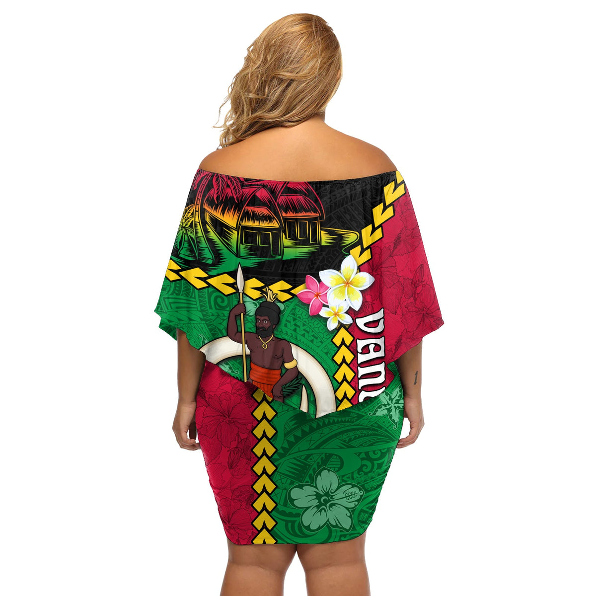 Vanuatu Nakamal und Plumeria Blumen Off Shoulder Kurzes Kleid mit blumen Polynesisches Muster LT03