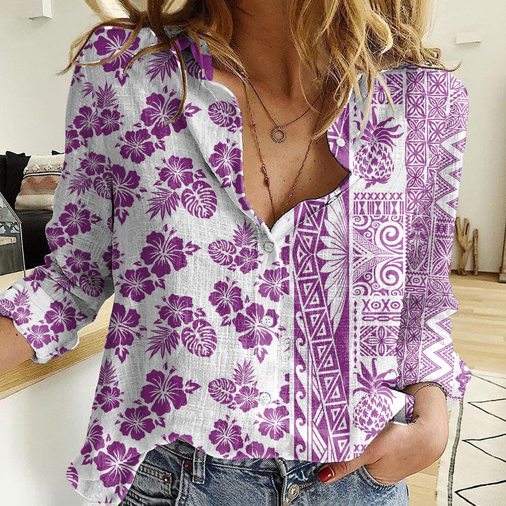 Hawaii Women Casual Shirt Aloha Tropical Plants Tribal Pattern Pink Version LT03 Female Pink - Polynesian Pride