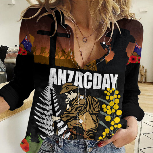 New Zealand and Australia ANZAC Day Women Casual Shirt Soldier and Last Post Camouflage Pattern LT03 Female Black - Polynesian Pride