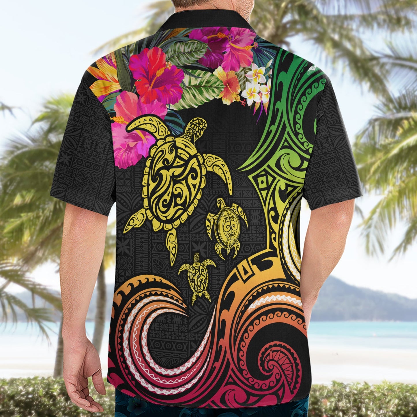 Hawaiian Turtle Day Hawaiihemd Polynesian Tattoo und Hibiskusblüten LT03