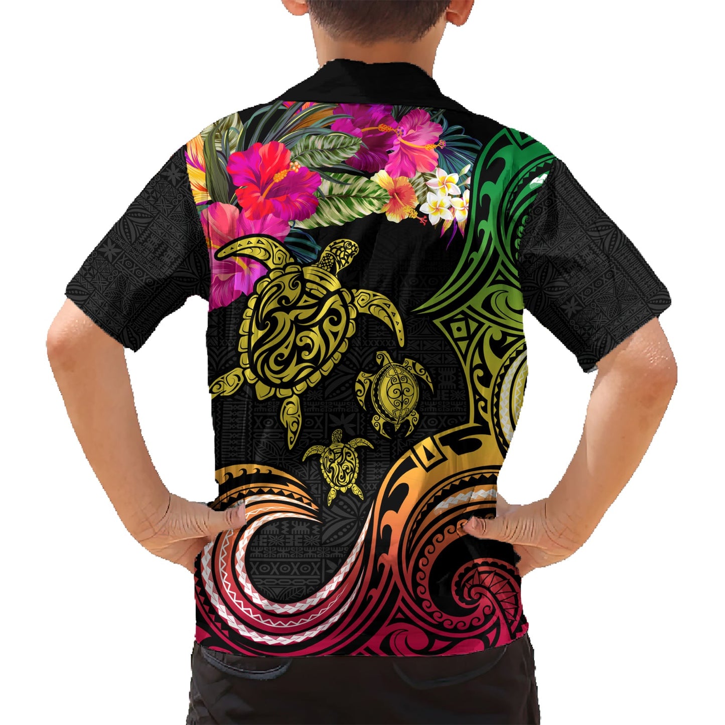Hawaiian Turtle Day Hawaiihemd Polynesian Tattoo und Hibiskusblüten LT03