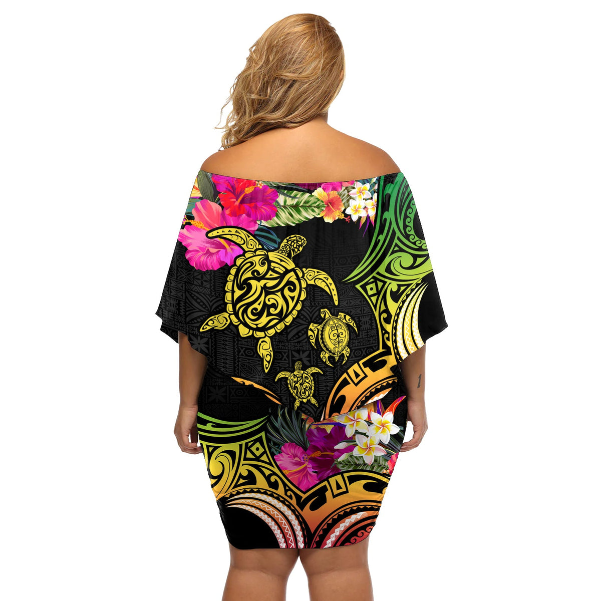 Hawaii Turtle Day Schulterfreies Kurzes Kleider blumen Polynesisches Tattoo und Hibiskusblüten LT03